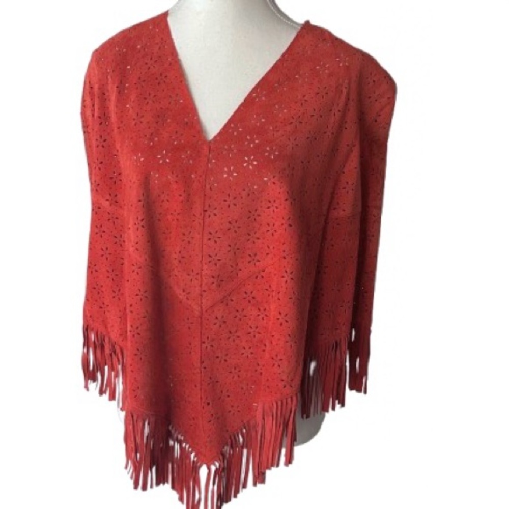 Vintage Suede Fringe Cape Orange Coral Cut Out Leather Shawl Jacket Boho Retro
